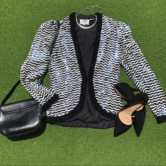 Vintage 80s NiteLine 100% Silk Sequin Blazer Small - Picture 4 of 16